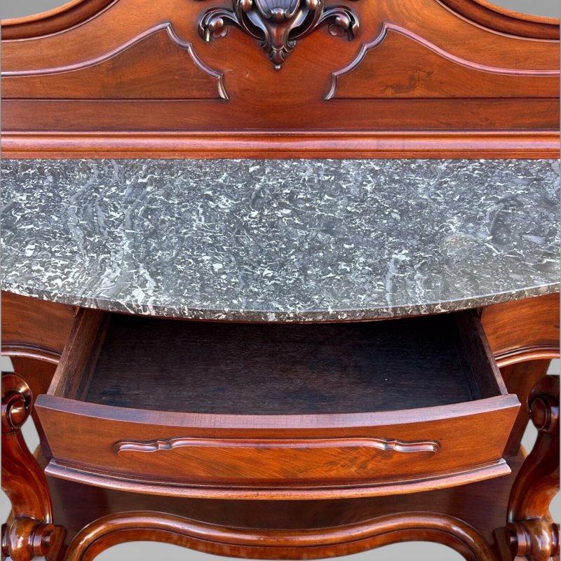 Antique Victorian Mahogany & Marble Topped Carved Console Wall Table With Drawer - Image 11